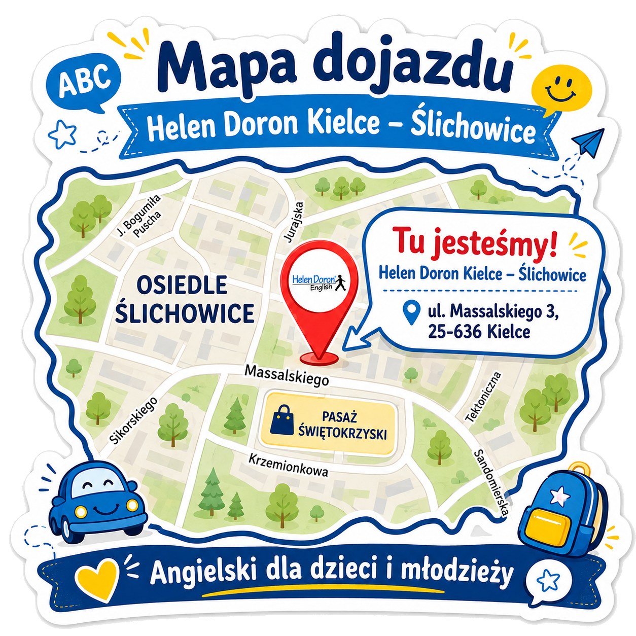 Dlaczego warto zapisać się przed sierpniem? 1 mapa slichowice naklejka przezroczyste tlo - Helen Doron English